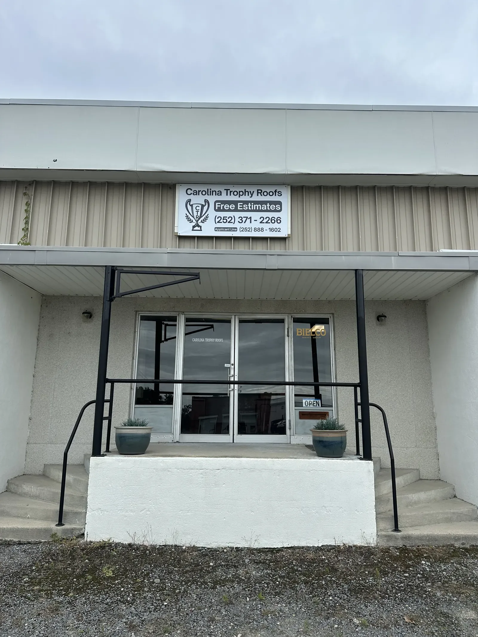 Carolina Trophy Roofs Greenville Training Office entrance at 1414 Forbes St, Greenville, North Carolina