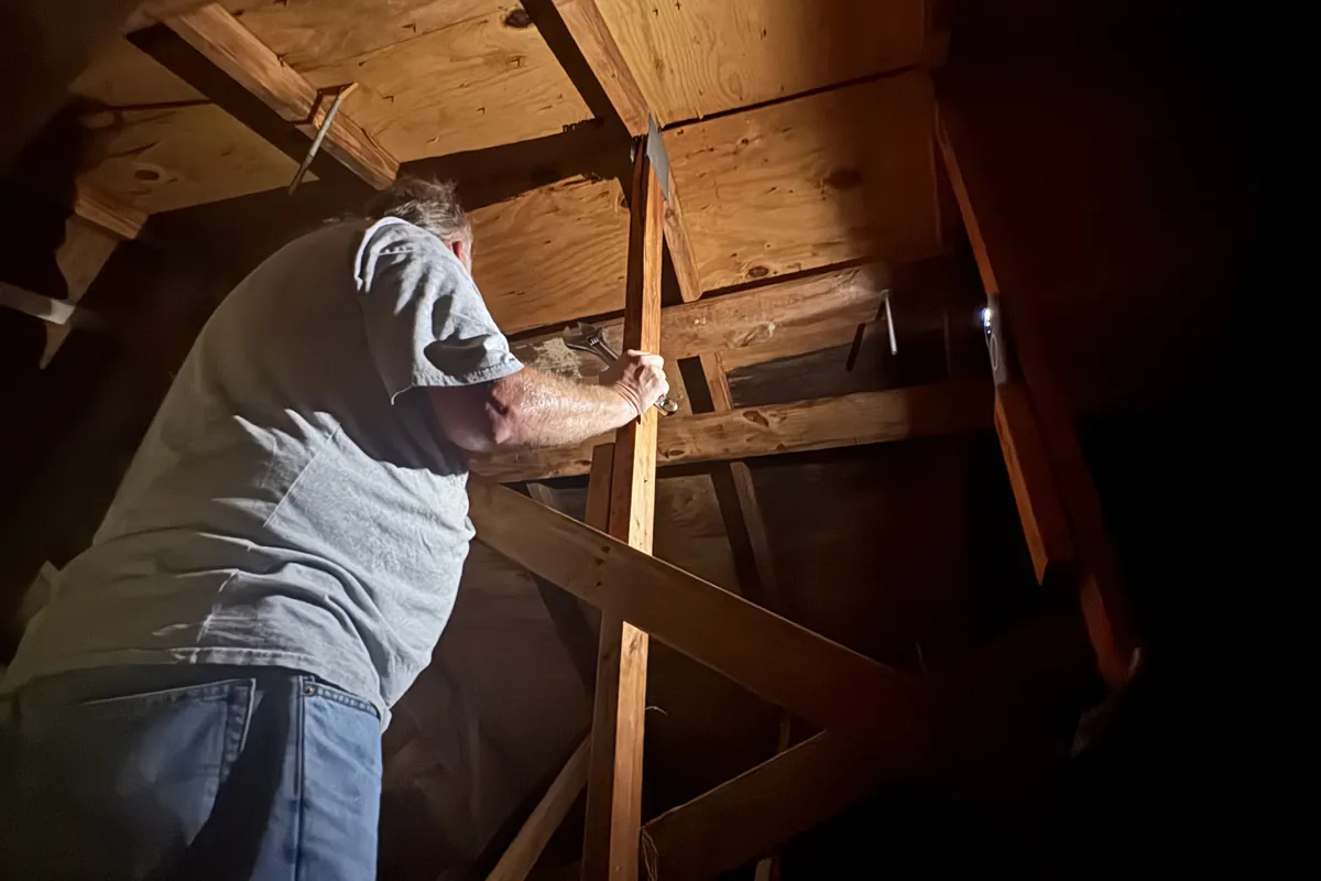 Interior structural timber work inside a steeple